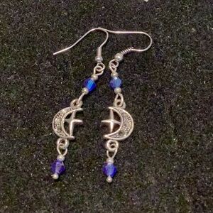 Long Moon Star or Cross Blue Crystal Drop Earrings